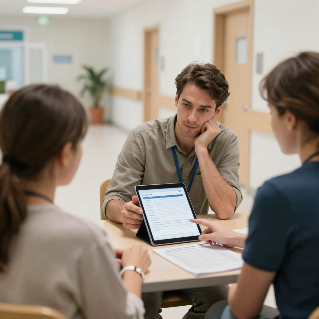 Dans un couloir d'hôpital, du personnel médical consulte les dossiers médicaux .