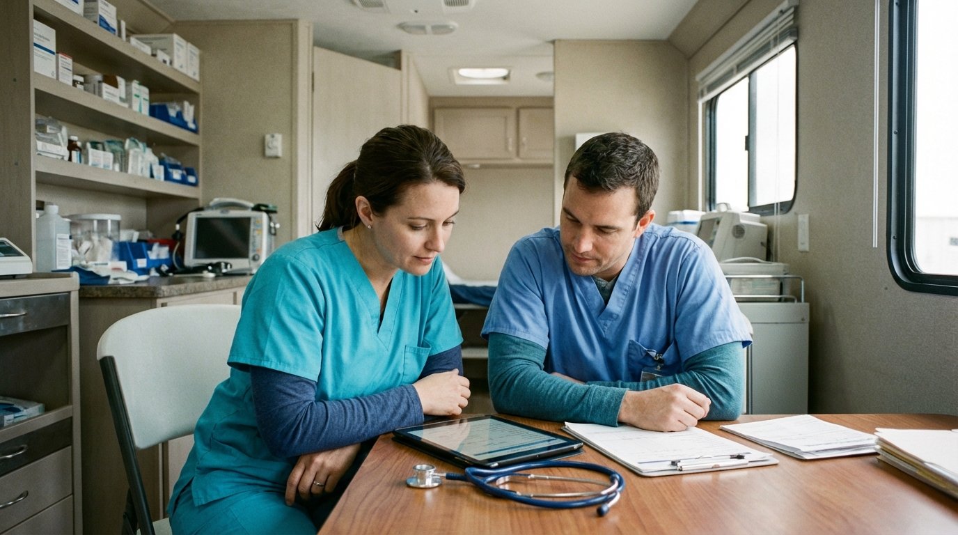 Deux professionnels de santé en blouse bleue consultent les données d'un patient 