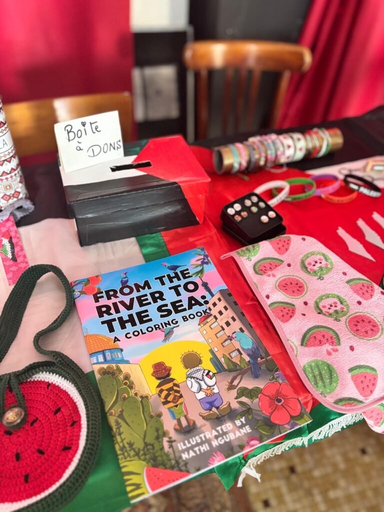Donation box at a solidarity stall with volunteer-made items