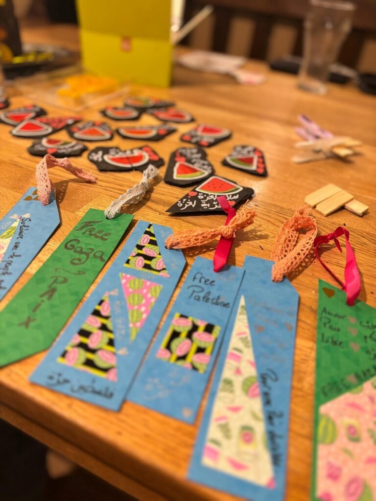 Bookmarks and handmade items created by volunteers for a solidarity stall