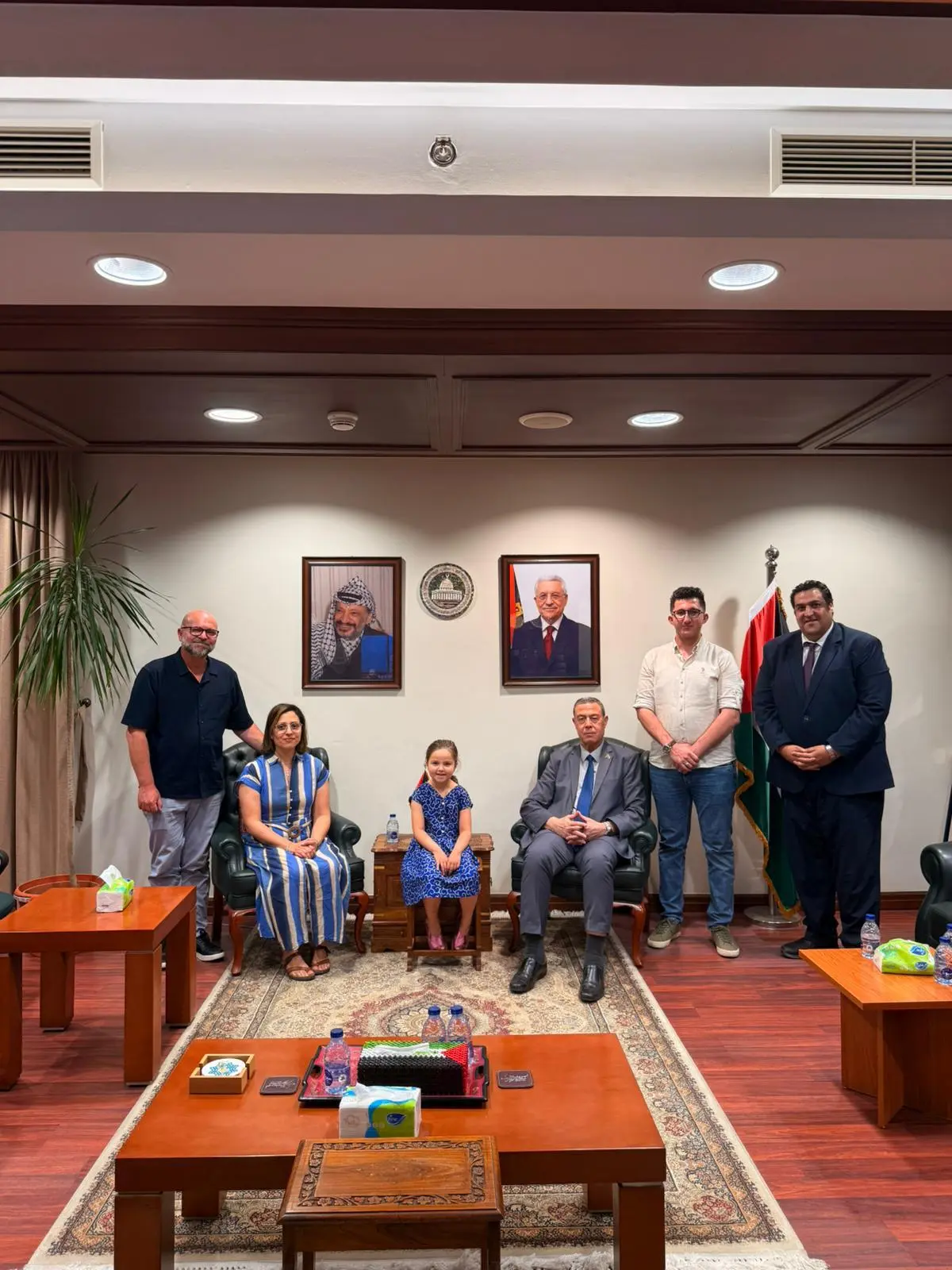 Mr Diab Al-Louh with Yaser Al Rayyes and Jérôme Tinard’s family at the Embassy of the State of Palestine in Cairo on 11 June 2026