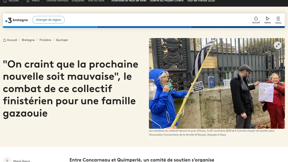 Preview of the France 3 Bretagne article from December 7, 2025, on the Finistère mobilization for the Al Rayyes family