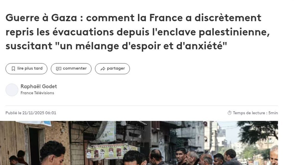 Screenshot of the Franceinfo article on the resumption of evacuations from Gaza