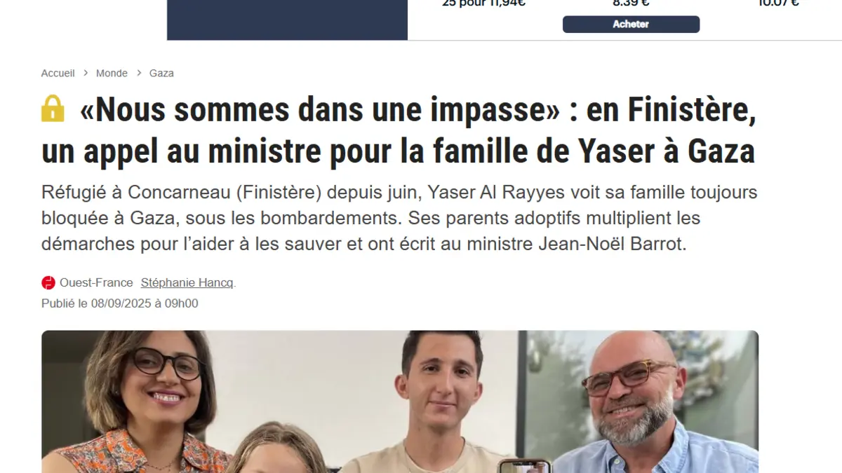 Screenshot of the Ouest-France article on the appeal to the minister for Yaser's family