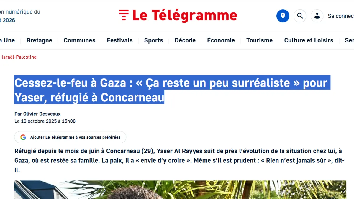 Preview of the Le Télégramme article from October 10, 2025, on Yaser's cautious reaction to the Gaza ceasefire announcement
