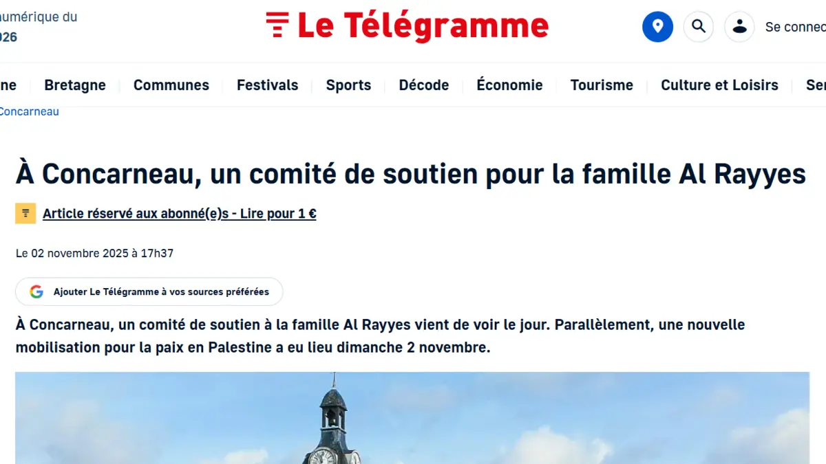 Preview of the Le Télégramme article from November 2, 2025, on the creation of the support committee for the Al Rayyes family in Concarneau