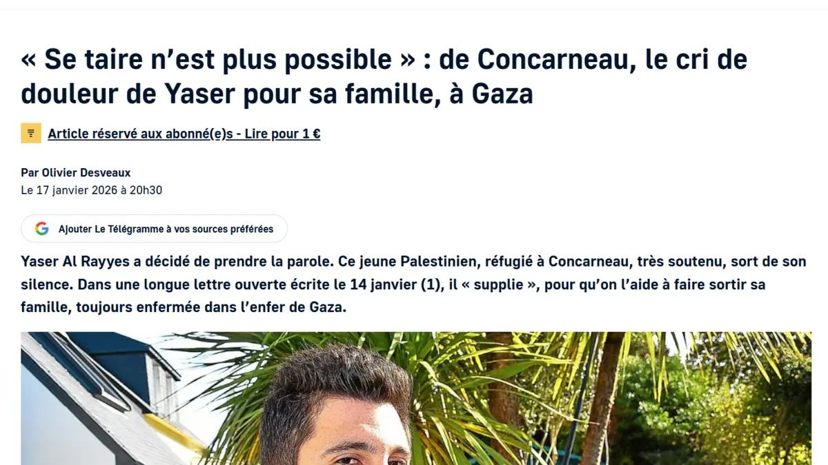 Screenshot of the Le Télégramme article dedicated to Yaser's open letter
