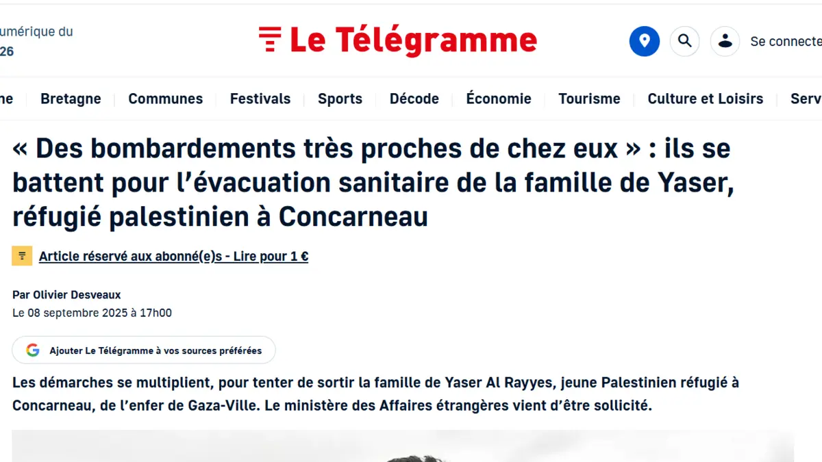 Preview of the Le Télégramme article from September 8, 2025, on the medical evacuation procedures for the Al Rayyes family