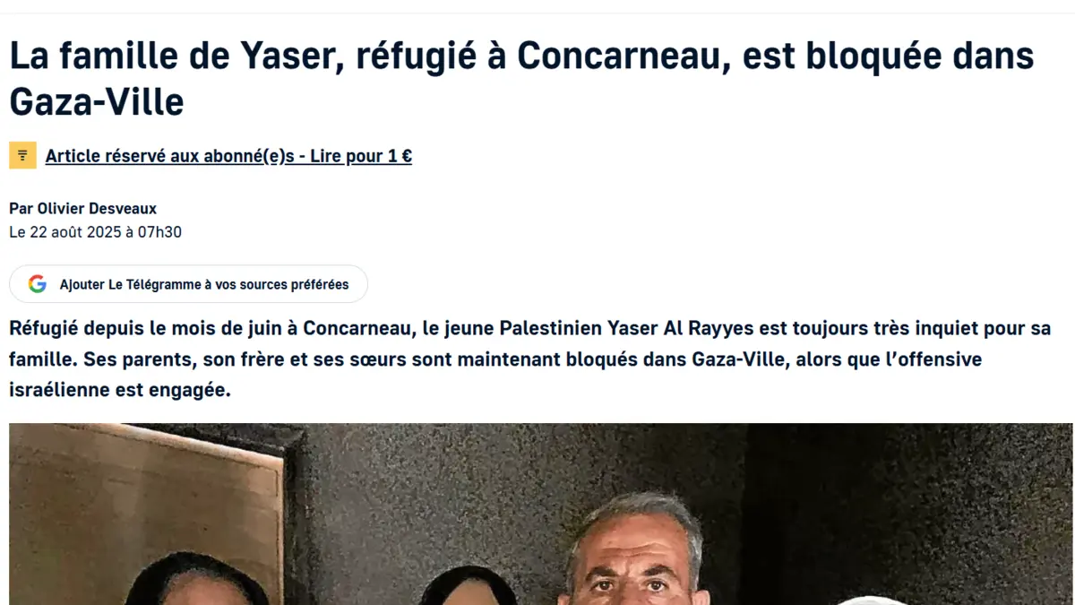 Preview of the Le Télégramme article on Yaser's family trapped in Gaza City