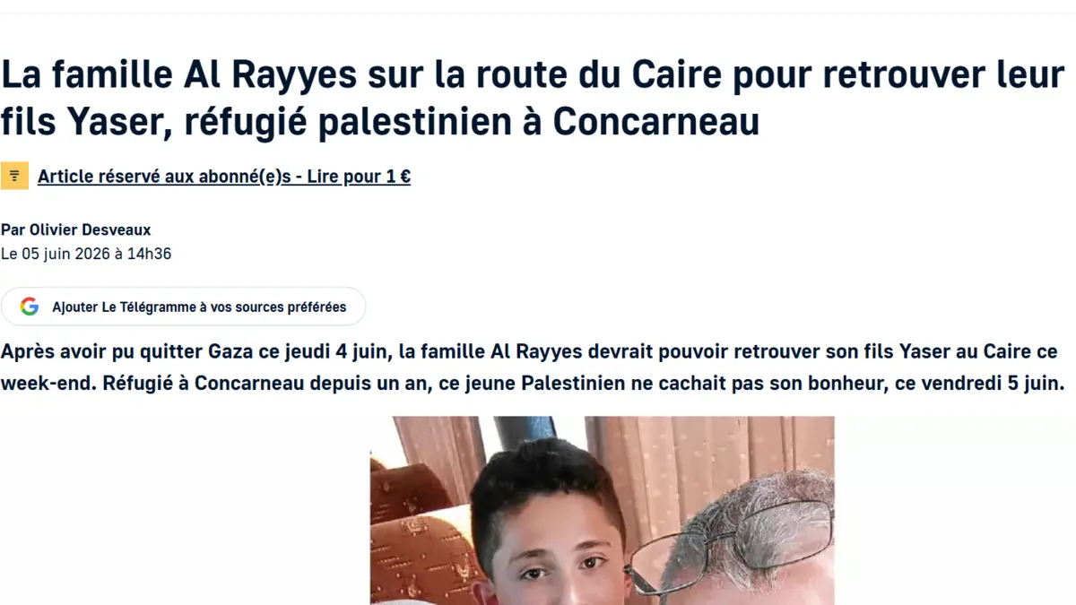Screenshot of the Le Télégramme article on the evacuation of the Al Rayyes family to Cairo