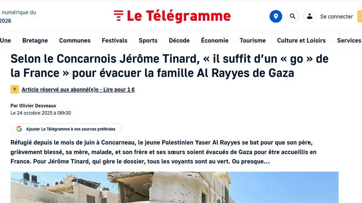 Screenshot of the Le Télégramme article from October 24, 2025, on the evacuation of the Al Rayyes family
