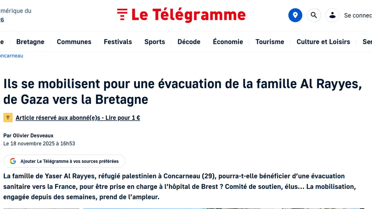 Screenshot of the Le Télégramme article from November 18, 2025, on the mobilization to evacuate the Al Rayyes family