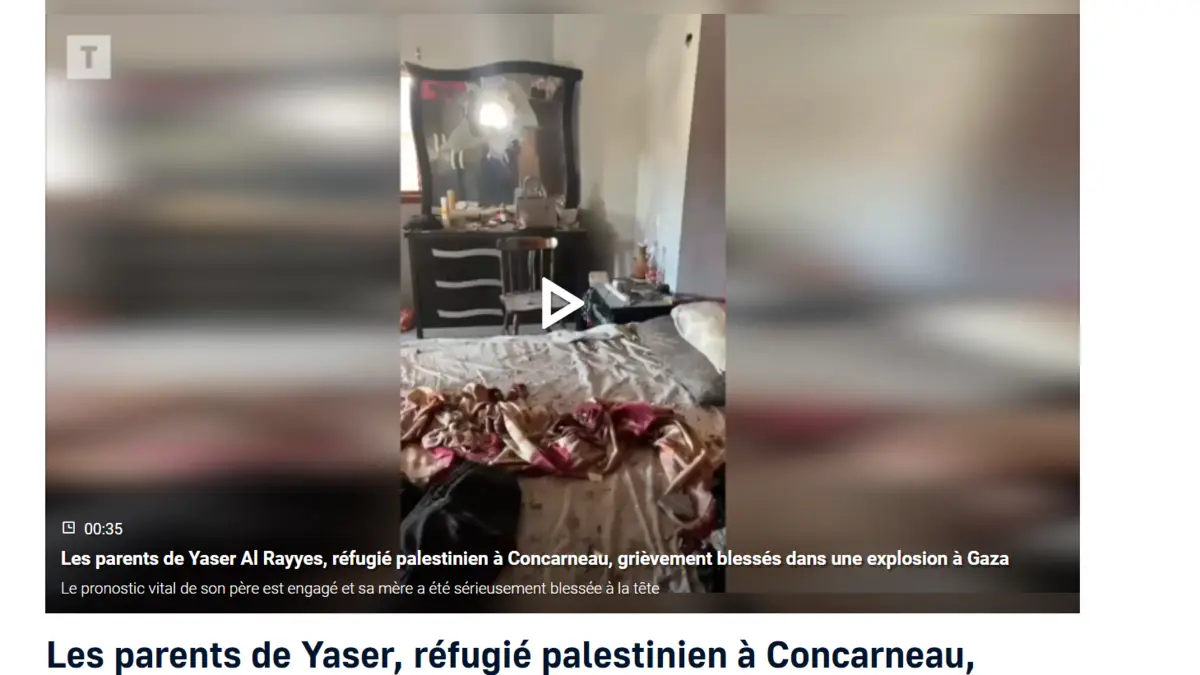 Preview of the Le Télégramme article and video from September 13, 2025, on Yaser's parents seriously injured in Gaza