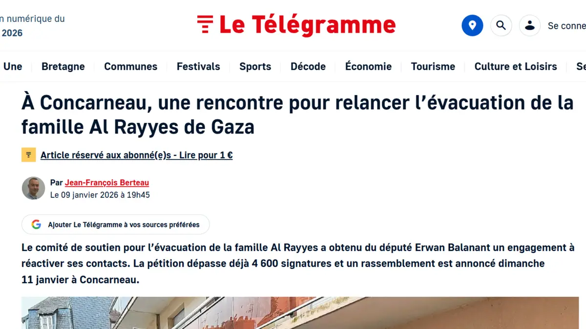 Screenshot of the Le Télégramme article from January 9, 2026, on the relaunch of the Al Rayyes family evacuation