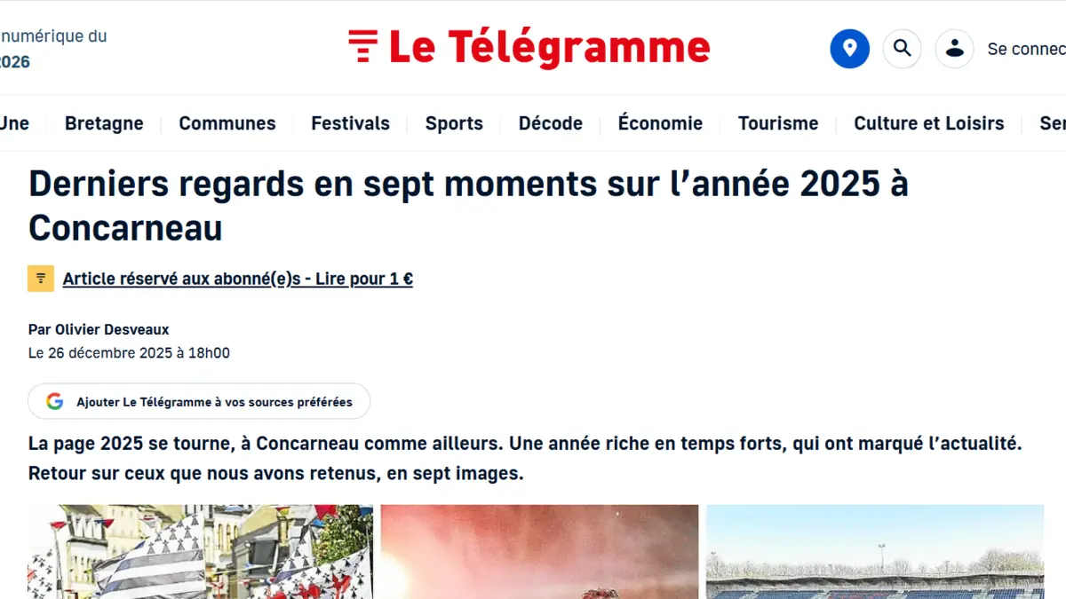 Preview of the Le Télégramme retrospective from December 26, 2025, citing Yaser among seven defining moments in Concarneau