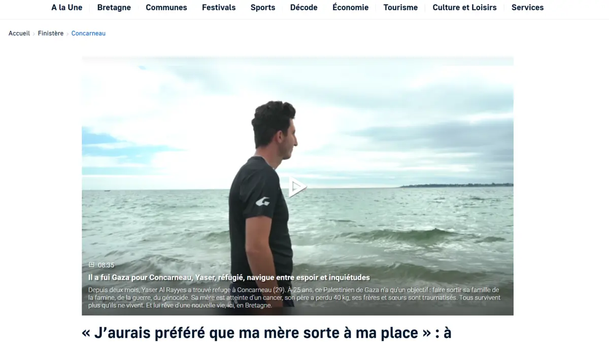Screenshot of the first Le Télégramme article dedicated to Yaser's journey in Concarneau